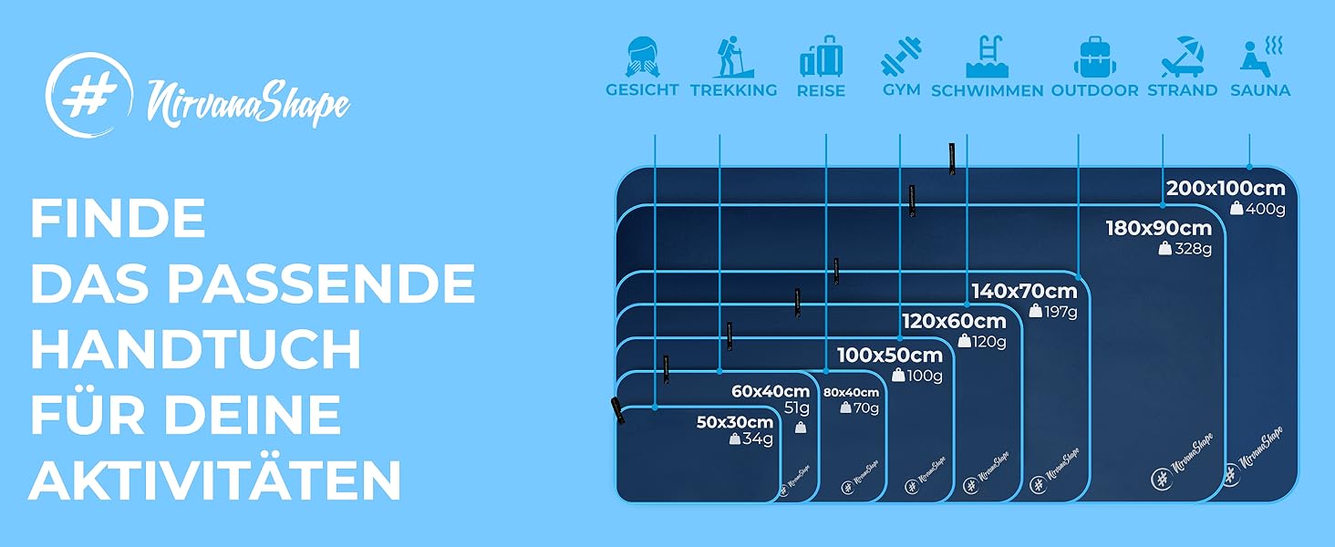 Рушник з мікрофібри NirvanaShape - туристичний, для пляжу, спорту, подорожей, кемпінгу, 50 x 30 см, сірий з блакитним кантом