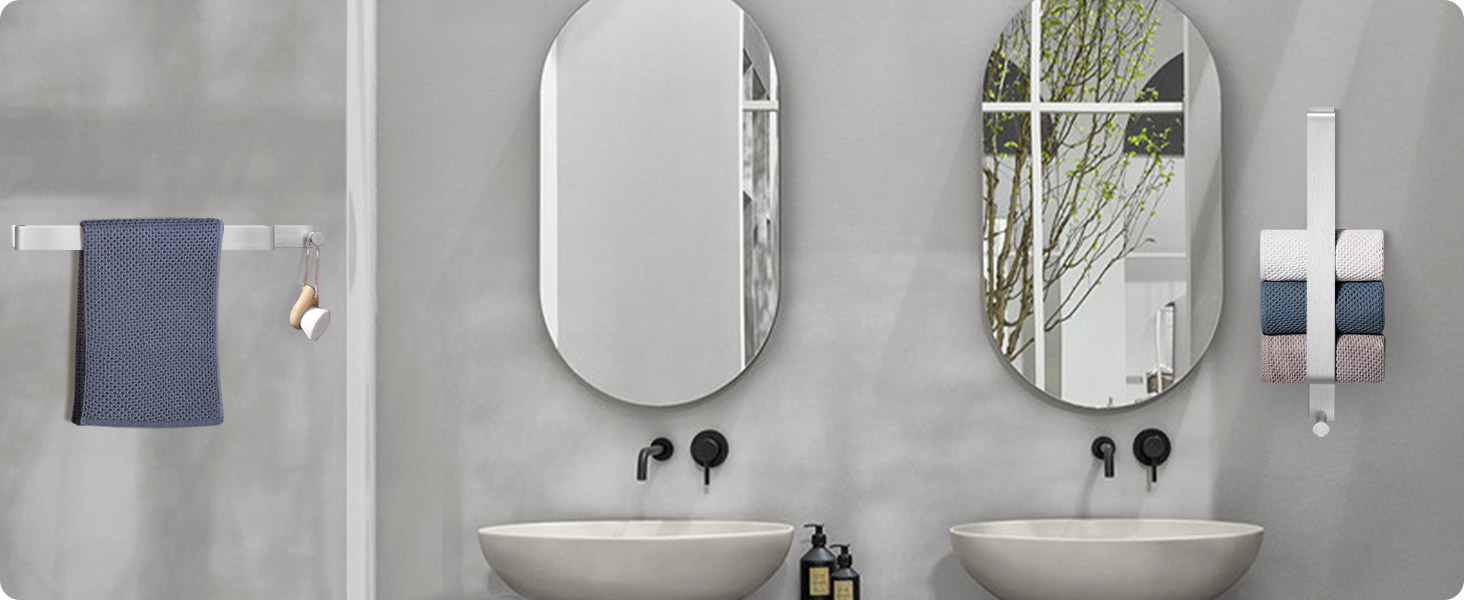 Тримач для рушників LIVEHITOP без свердління, нержавіюча сталь, самоклеючий, сріблястий, 43.5 см, з гачками для ванної кімнати (1 шт.)