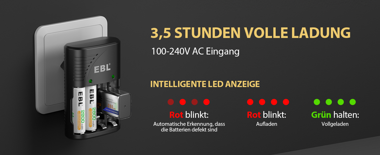 Зарядний пристрій для акумуляторів EBL AA AAA 9V NIMH з 4 відсіками, Smart Plug, LED-дисплей, швидка зарядка