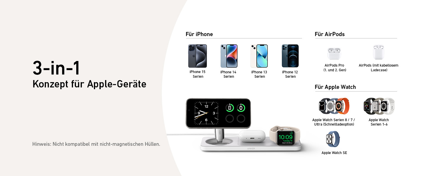 Складана бездротова зарядна станція Anker MagGo 3-в-1 Qi2 15W для iPhone 17/16/15/14/13/12, Apple Watch Ultra та AirPods Pro (з адаптером USB-C та кабелем)
