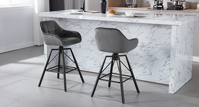 WOLTU 2-Piece Bar Stool Set - Swivel Barstools with Backrest & Footrest - Velvet Upholstered Metal Bar Chairs - Dark Grey