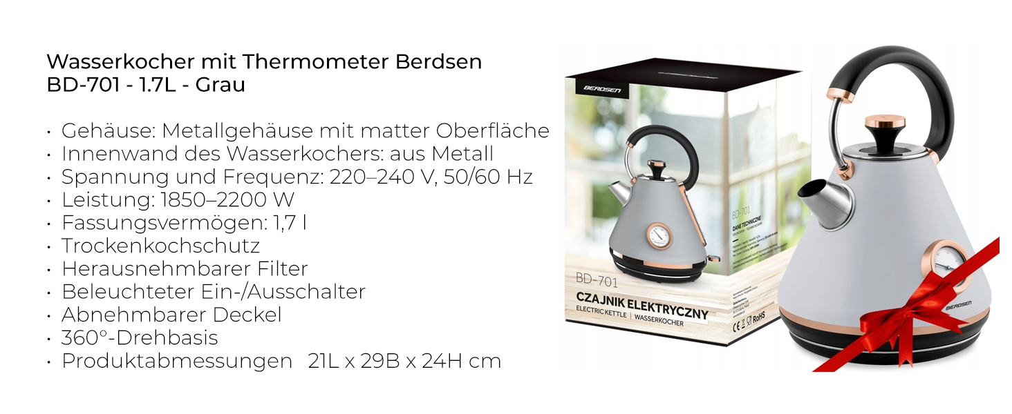 Елегантний чайник Berdsen BD-701 з термометром, 1.7L, чорний