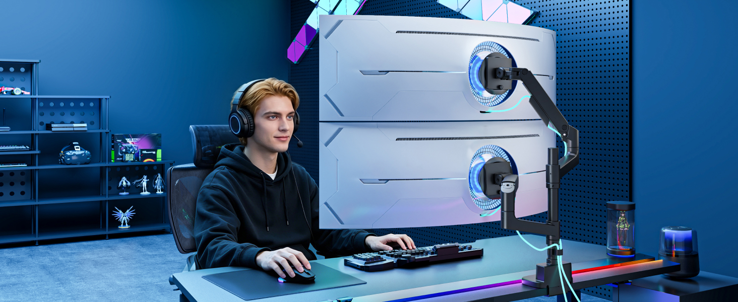 Кронштейн для двох моніторів PEGZONE від 17 до 49 дюймів, настільний тримач з USB-портами, навантаження до 20 кг на руку, чорний