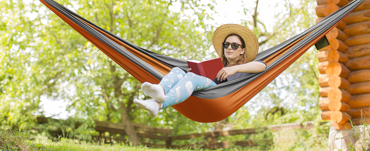 Гімніс Гамак для відпочинку на відкритому повітрі Ultraleicht, 275x140 см, з мотузками та карабінами, 300 кг, Оранжевий - Сірий