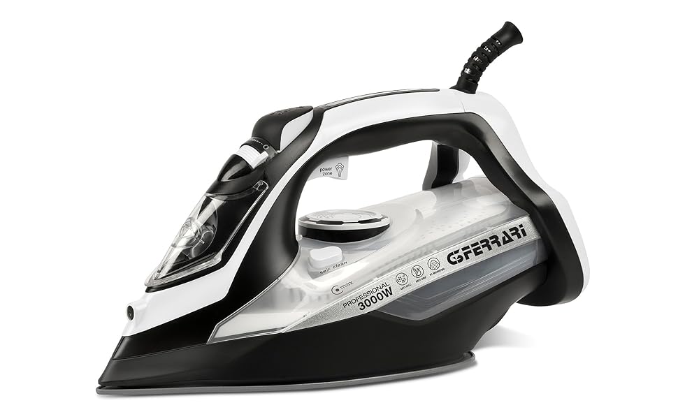 Праска відпарювач Ferrari Ermes G40021: 2500 Вт, керамічна підошва, 340 cc, 150 г/хв, самоочищення, захист від накипу та протікання, 51 мікроотвір, білий/чорний/сірий