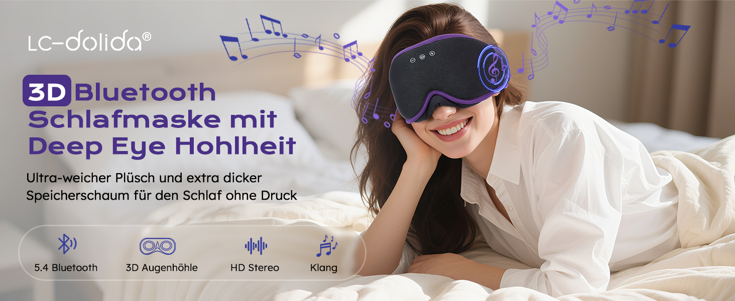 3D Маска для сну з навушниками Bluetooth Dolida Лаванда: повна блокада світла, комфортний сон, для жінок та чоловіків