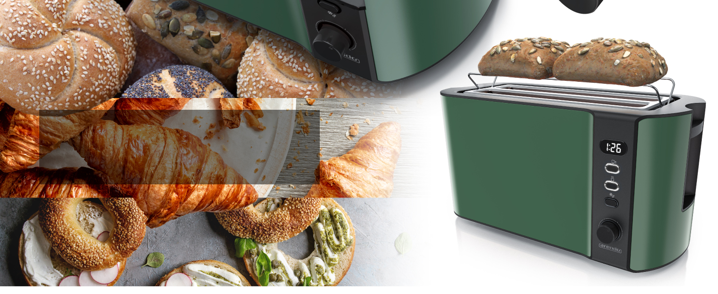 Тостер Arendo з нержавіючої сталі, 4 слоти, підігрів, підставка для булочок, 1500W, зйомний лоток для крихт, дисплей з таймером