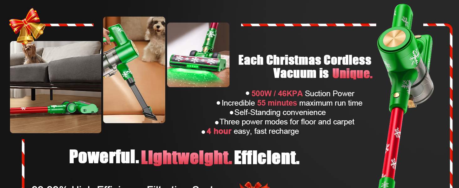 Бездротовий акумуляторний пилосос 48KPa/500W/55хв з LED-дисплеєм та зарядною станцією, для прибирання шерсті тварин, килимів, твердих поверхонь та авто, колір: зелений