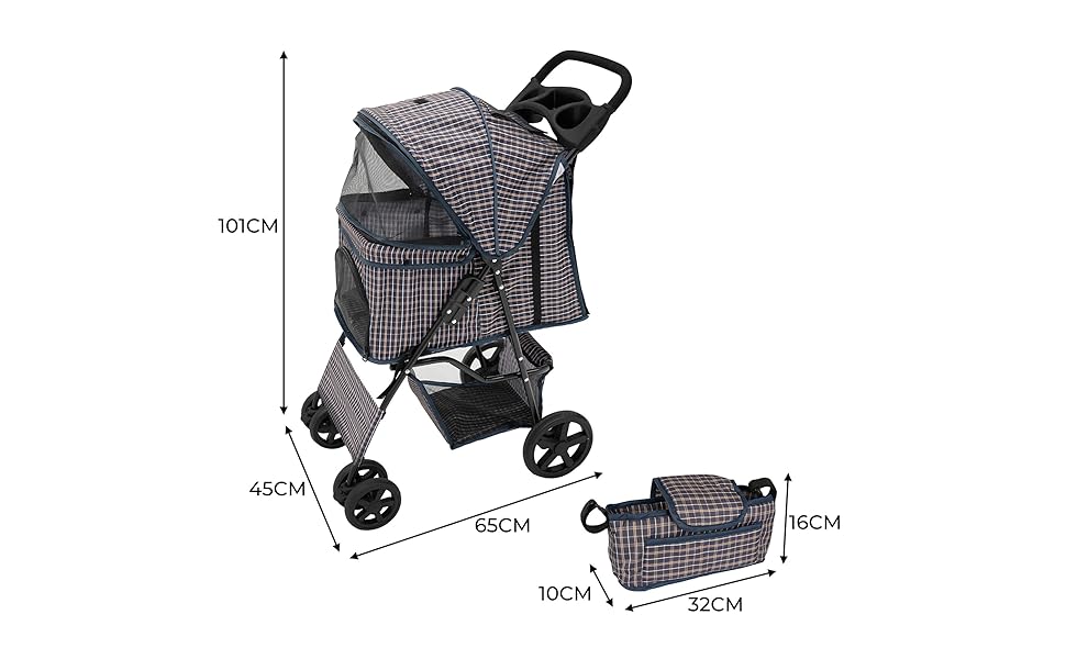 Візок для тварин Monster Shop з сумкою, знімний, синій тартан, складний, до 15 кг, колеса, гальма, сітка, кошик, тримач для напоїв, кишені, водонепроникний захист від дощу
