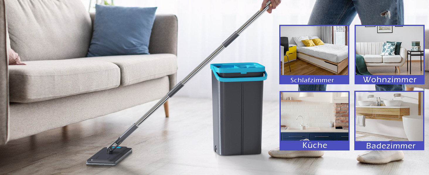 Набір для миття підлоги з відром, 2 в 1: моп з відром та функцією віджиму, з регульованою ручкою з нержавіючої сталі та 6 мікрофібровими насадками, підходить для плитки та ламінату (сірий + зелений)