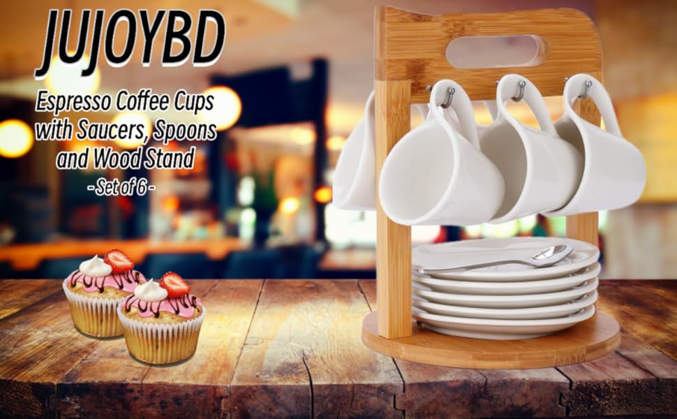 Набір еспресо-чашок з дерев'яним підставкою, 6 шт. по 80 мл, порцеляна, товстостінні, з підставками, для 6 осіб