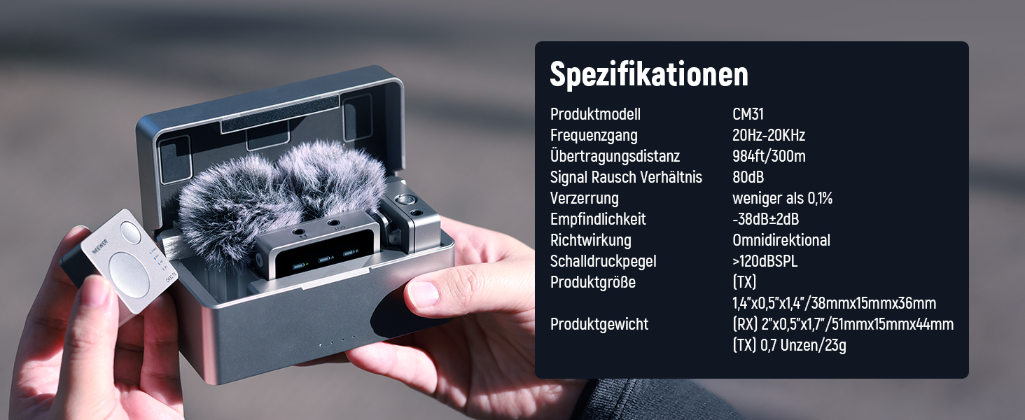 NEEWER Міні бездротове мікрофону, комплект 1RX+2TX+зарядний кейс, 150м радіус дії, для iPhone, iPad, Android, DJI, Insta360, PC, Mac