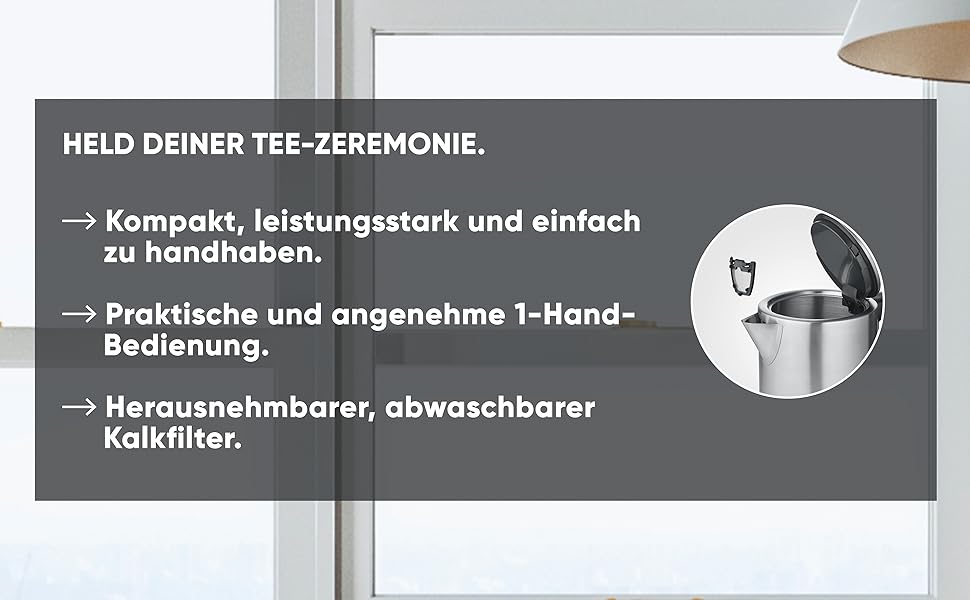 Електричний чайник SEVERIN 1 л з індикатором рівня води, фільтром від накипу, великим соплам, потужністю 2400 Вт, срільно-чорний колір, нержавіюча сталь, WK 3489