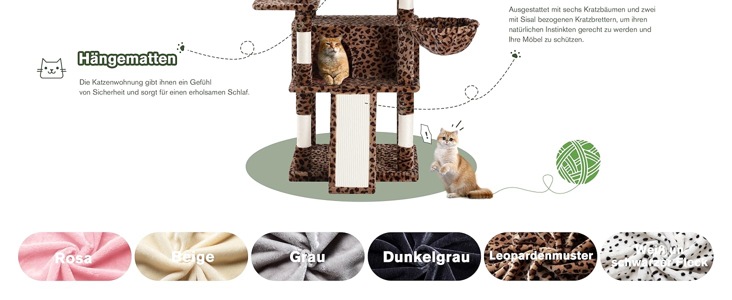 Котячий будиночок MUTICOR з когтеточкою, 206 см, багатоярусний, для великих котів, з гамаком, плюшевими платформами, широкою основою (леопардовий принт)