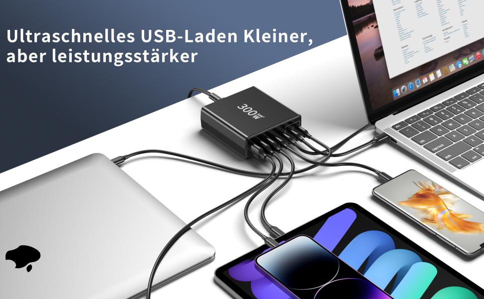 Зарядний пристрій FINIBO USB-C 300W: 7 портів (4 USB-C + 3 USB-A), швидка зарядка, Dual-PD PPS, для MacBook Pro/Air, iPad Pro/Air, Samsung (Чорний)