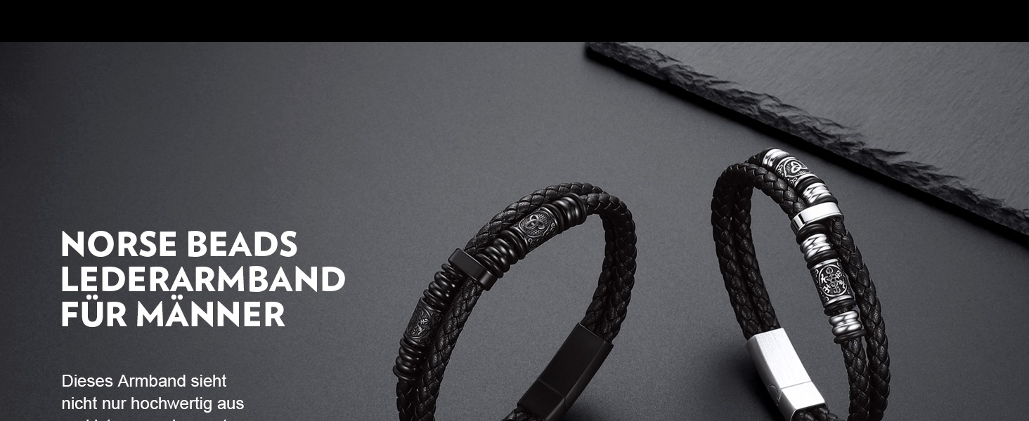 Чоловічий шкіряний браслет Bandmax з плетінням, чорний. Магнітна застібка, регульована довжина 19/21/23 см. Аксесуар для чоловіків у стилі вікінг.