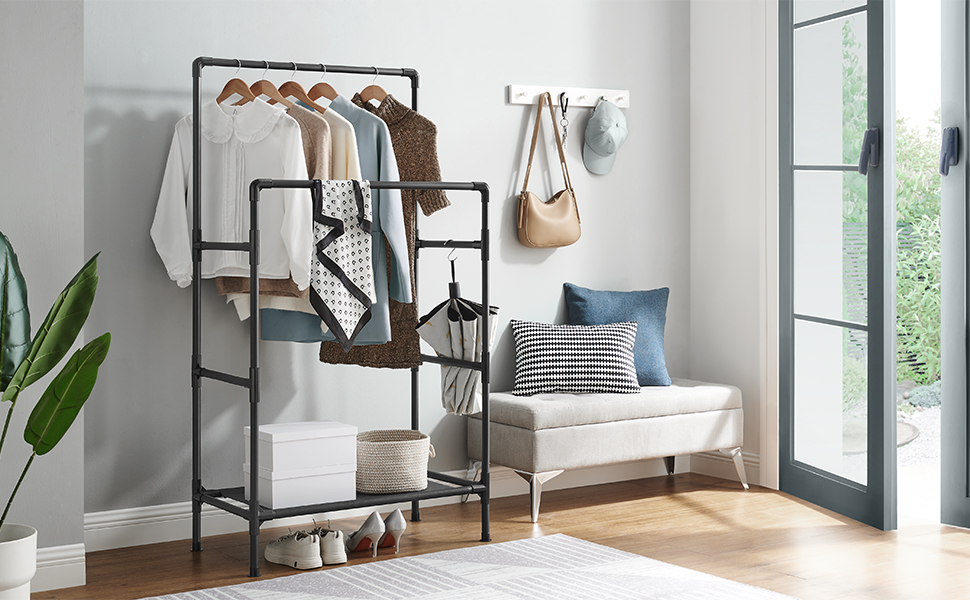 SONGMICS Дзеркало-вішалка для одягу металева, біла, з 2 перекладинами та полицею, до 55 кг, проста збірка RDR01WT (Чорний)