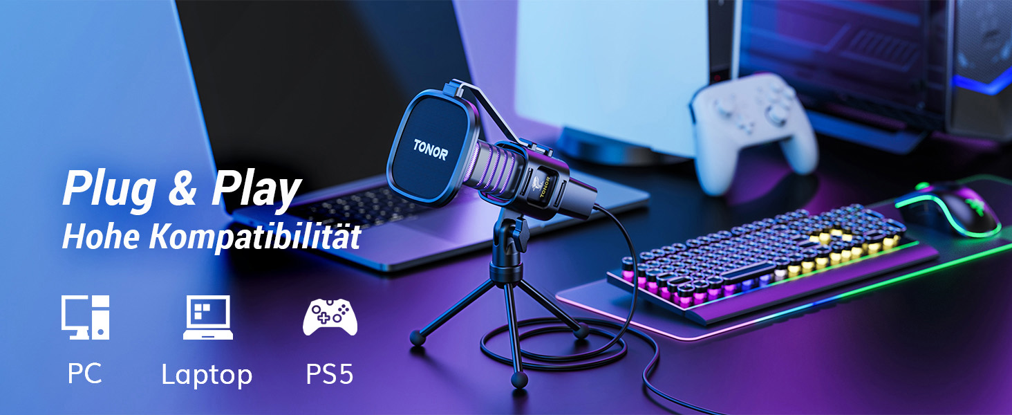 Мікрофон TONOR TC30 RGB з конденсаторним капсулою, нирковий характеристика, для стрімінгу, подкастингу, запису голосу, сумісний з ПК та ноутбуком