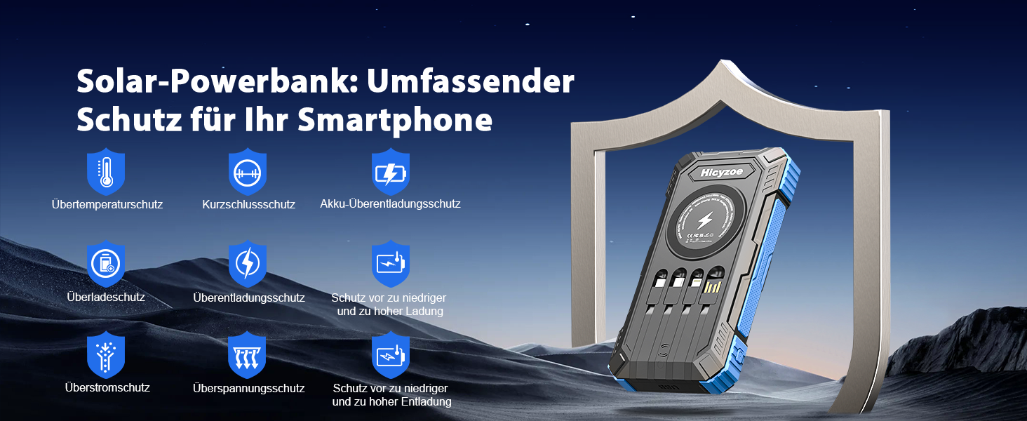 Сонячний павербанк 26800 mAh з 4 кабелями, USB-C, Qi, LED-ліхтарик, для телефонів, планшетів та кемпінгу