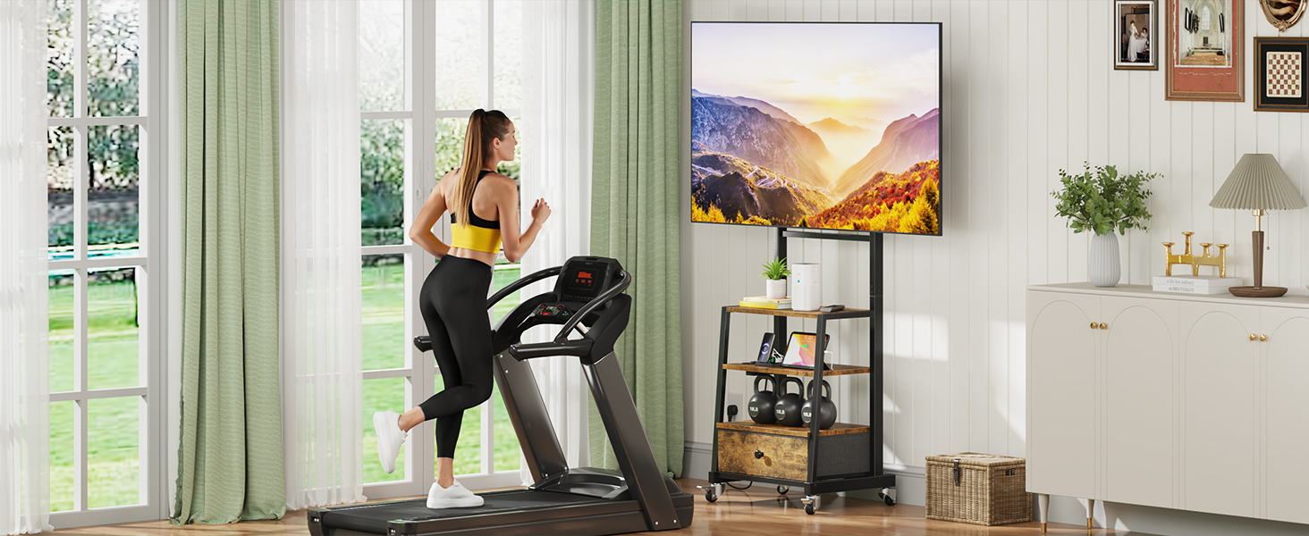 TV стійка мобільна для телевізора 32-75 дюймів з полицями, ящиком та розетками, кутова, регульована, коричнева ретро (140 см)