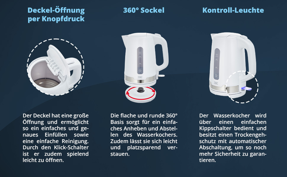 Електричний чайник KHG WK-1708 WE2 білий з нержавіючої сталі, 1.7 л, знімний фільтр від накипу, індикатор рівня води, захист від сухого кипіння та автовимкнення, прихований нагрівальний елемент, BPA Free, 2200 Вт