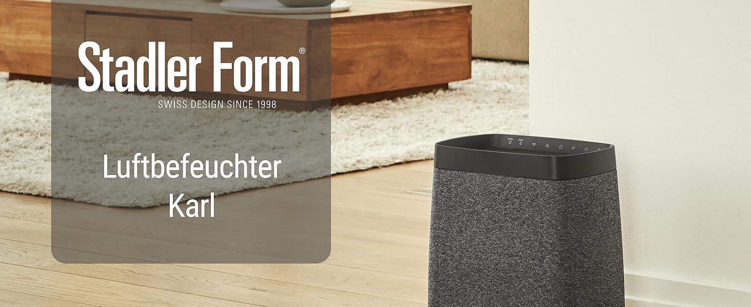 Зволожувач повітря Stadler Form Karl, тихий та потужний випарник для приміщень до 100 м², 4 режими зволоження, керування через додаток, чорний
