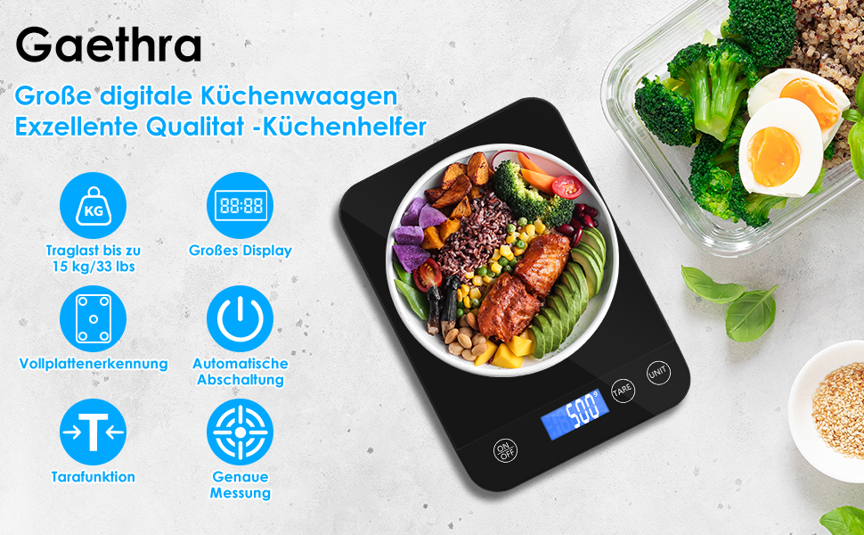 Кухонні ваги Gaethra: цифрові, 15 кг, точність 1 г, з функцією тарування, для продуктів, з батарейками