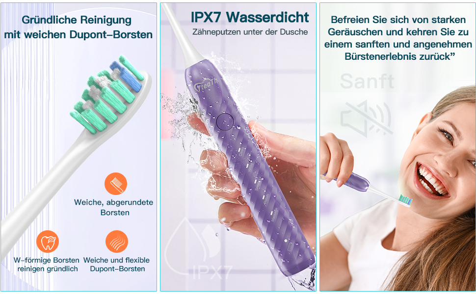 Електрична зубна щітка для дорослих з 6 насадками, акумуляторна звукова, фіолетова (1 шт.) - тривала робота до 180 днів