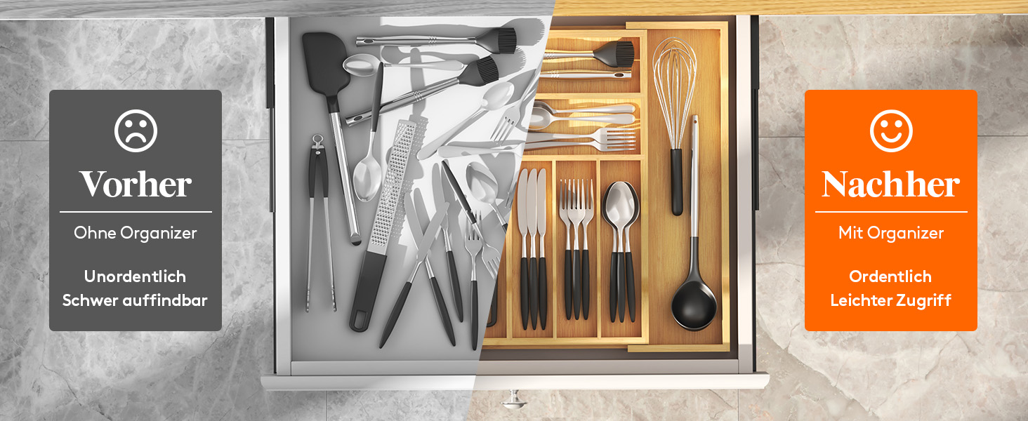 Органайзер для столових приборів Lifewit в шухляду, бамбуковий, 47 см (29-50 см)