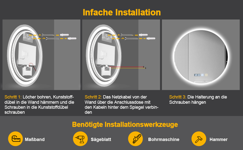Дзеркало для ванної кімнати Viugreum з підсвічуванням 50x75 см, овальне LED дзеркало, регульована яскравість, 3 кольори світла, протитуманне покриття, годинник, сенсорна кнопка, LED дзеркало для ванної кімнати, вітальні (60 см кругле)