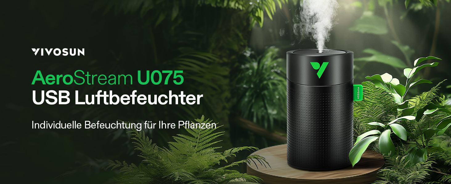 VIVOSUN AeroStream U075: USB-увлажнитель повітря, 750 мл, 2 режими туману, автовимкнення, смарт-пульт VGrow, для гроубоксів