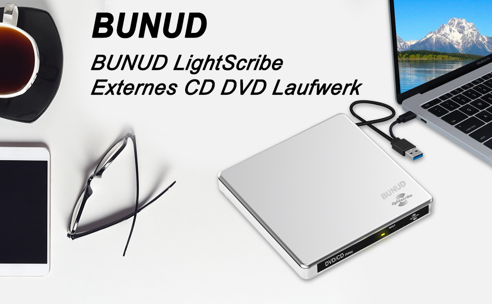 Зовнішній DVD-накопичувач BUNUD Lightscribe для Mac та Windows: USB 3.0 Type-C, DVD-записувач з картридером SD/TF та 2 USB-портами для MacBook, iMac, ноутбуків та PC