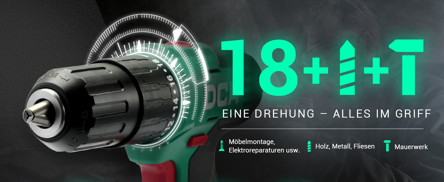 Акумуляторний ударний дриль-шуруповерт DCA 20V, 40 Нм, 13 мм, 22500 уд./хв, 18+1+1, комплект з 14 біт для бетону, металу, дерева