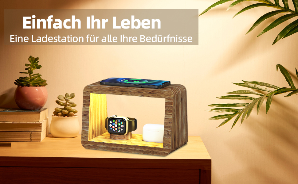 Багатофункціональна заряджна станція 5-в-1 з бездротовим зарядним пристроєм, світлодіодним нічником та годинником, бамбукова, сумісна з Apple Watch, AirPods, Samsung Galaxy та іншими пристроями