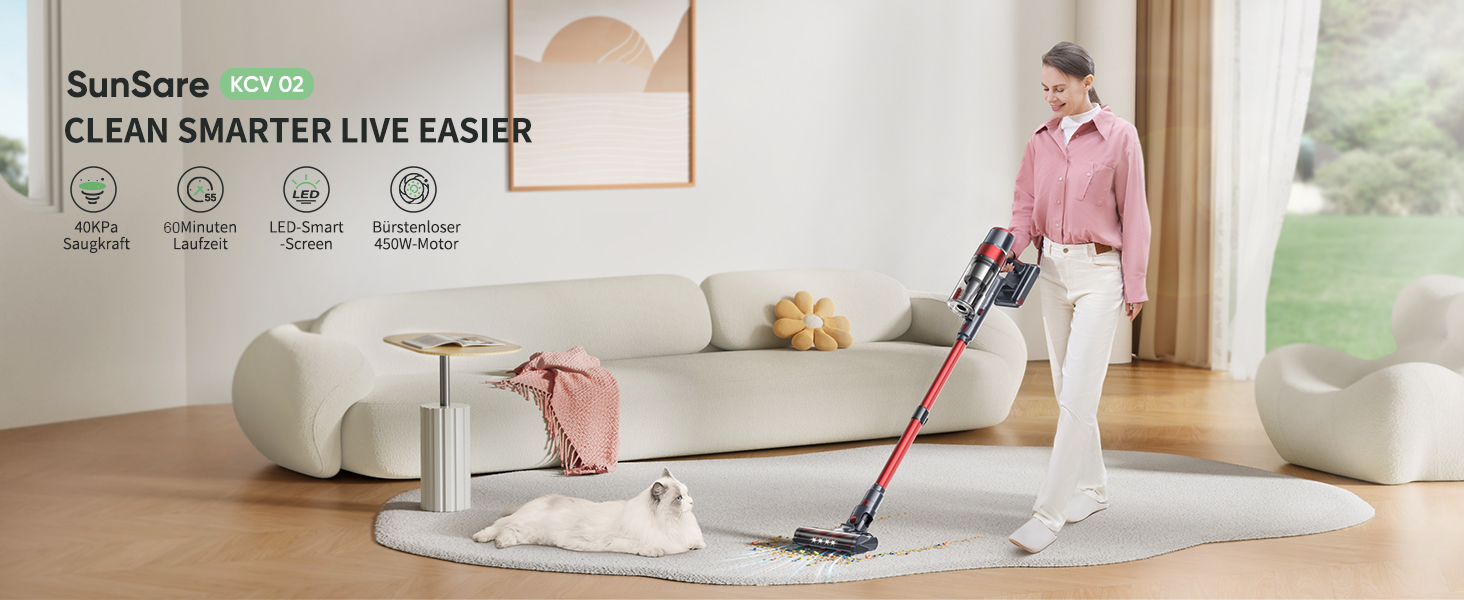 Бездротовий акумуляторний пилосос SunSare 450W з LED-дисплеєм, потужність 40000Pa, для підлоги, килима, шерсті тварин