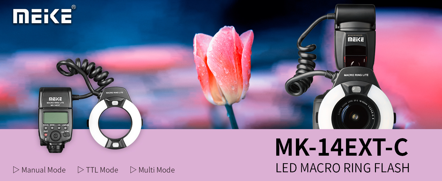 Meike MK-14EXT-C: Макро спалах Ring Lite з LED-лампою для Canon (5D Mark II, 6D, 7D, 50D, 60D, 70D, 550D, 600D, 650D, 700D)