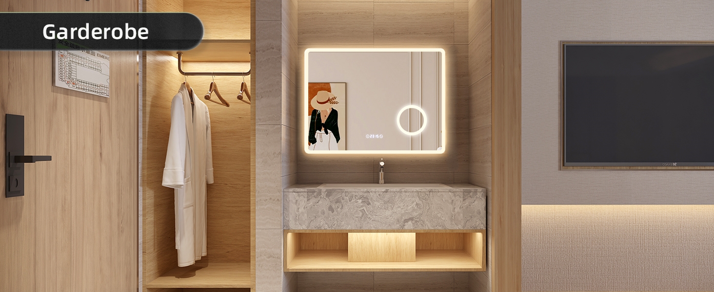 LED дзеркало для ванної кімнати 80x60 см з підсвічуванням, 3 кольори, регулювання яскравості, антизапарник, годинник, 3x збільшення