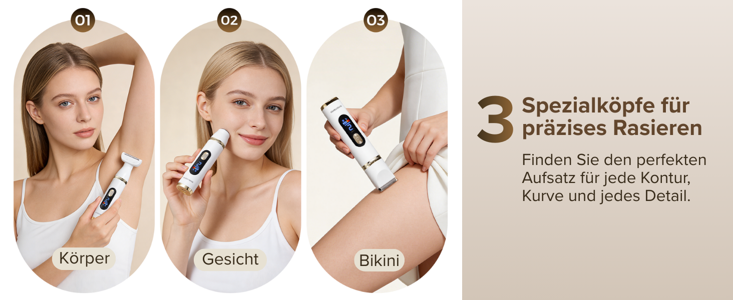 Електричний тример-голениця для жінок 3-в-1 BarberBoss SmoothCare для тіла, бікіні та обличчя, з 4 насадкою-гребінцями та LED-дисплеєм (Білий, Шампань)