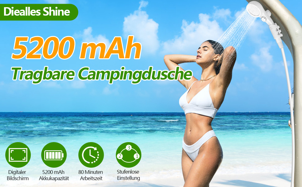 Diealles Shine: Портативна кемпінгова душова кабіна з насосом та акумулятором 5200mAh для відпочинку на природі, подорожей, саду та миття автомобіля
