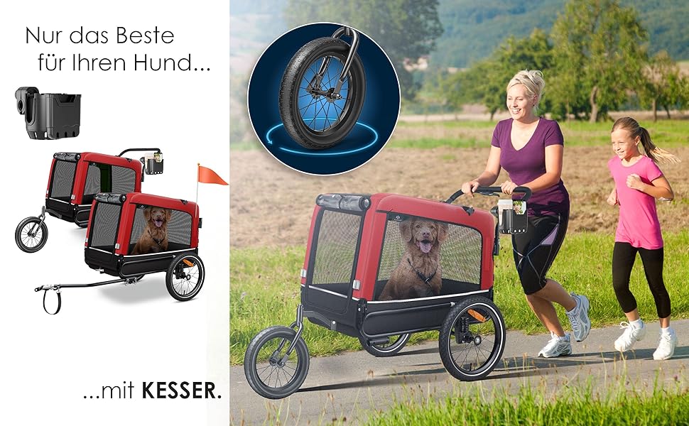 KESSER® Візок для собак Боксер 3-в-1: візок, бугі та велопричіп. Великий об'єм 240 л, амортизація, поворотне переднє колесо 360°, матеріал 600D Oxford Canvas, SmartSpace, вантажопідйомність 40 кг, зелений (червоний)