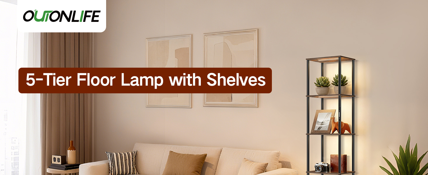 Стійка лампа з полицею, LED, регулювання яскравості, 3 колірні температури, сенсорне та дистанційне керування, полиця для книг, дерев'яна стійка, сучасний дизайн для вітальні, спальні, офісу (Rustic Brown)