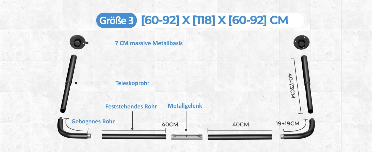 Регульована душова штанга U-подібної/L-подібної форми, 60-92 x 78-196 x 60-92 см, з 12 кільцями для шторки та підпоркою для стелі, чорна. Підходить для ванни/ванної кімнати. Потрібне свердловий монтаж.