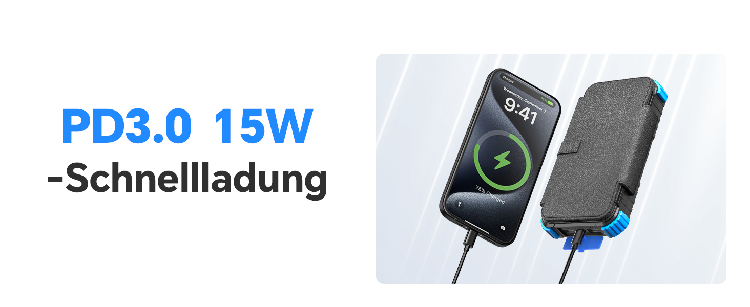 Powerbank Solar 26800mAh з USB-C, 5 виходів, водонепроникний, з карабіном та ліхтариком, для кемпінгу, телефонів та планшетів (блакитний)