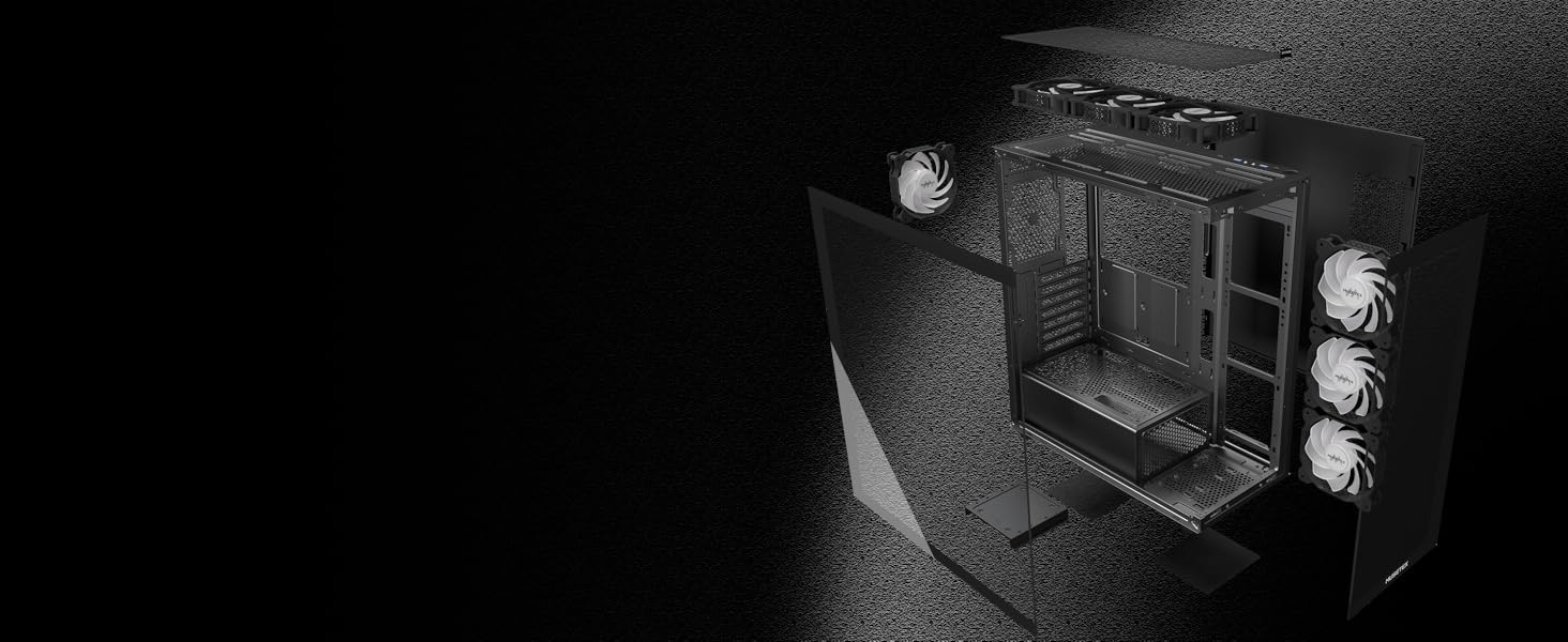 Корпус ПК MUSETEX K2: Mid Tower ATX з 7 PWM ARGB вентиляторами, подвійне панорамне скло, Type-C, чорний (42,5 x 21,2 x 47 см)