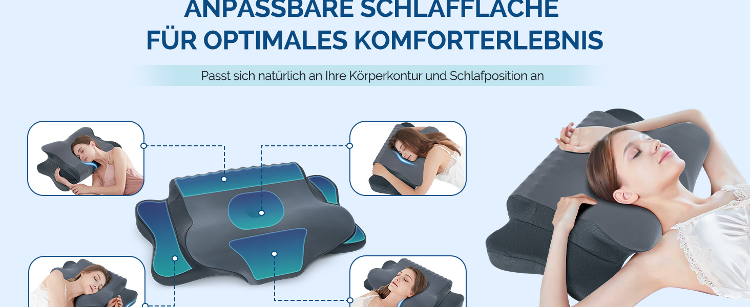 Подушка для шиї FAIORD, подушка з піною з пам'яті, ергономічна подушка для сну, подушка для підтримки шиї для тих, хто спить на боці, спині та животі, темно-сіра, 64 x 39 x 13 см