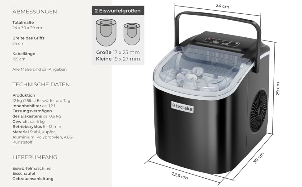 Машина для приготування льоду tectake® - швидке та зручне приготування льоду для дому та бару, чорний колір, 1,2 л, 12 кг/24 год, 2 розміри кубиків льоду, самоочищення, з лопаткою