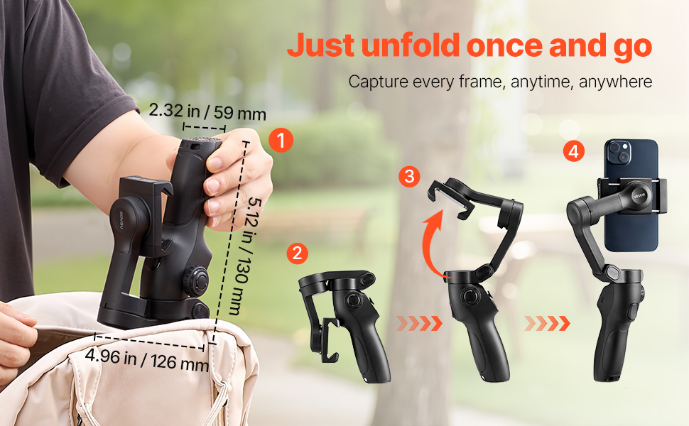 Стабілізатор для смартфона VEVOR з 3-осьовою стабілізацією, трекінг облич/об'єктів, штатив, портативний та складаний, для відеозйомки, DC 3,5–4,2V, без підсвічування, підтримка додатків