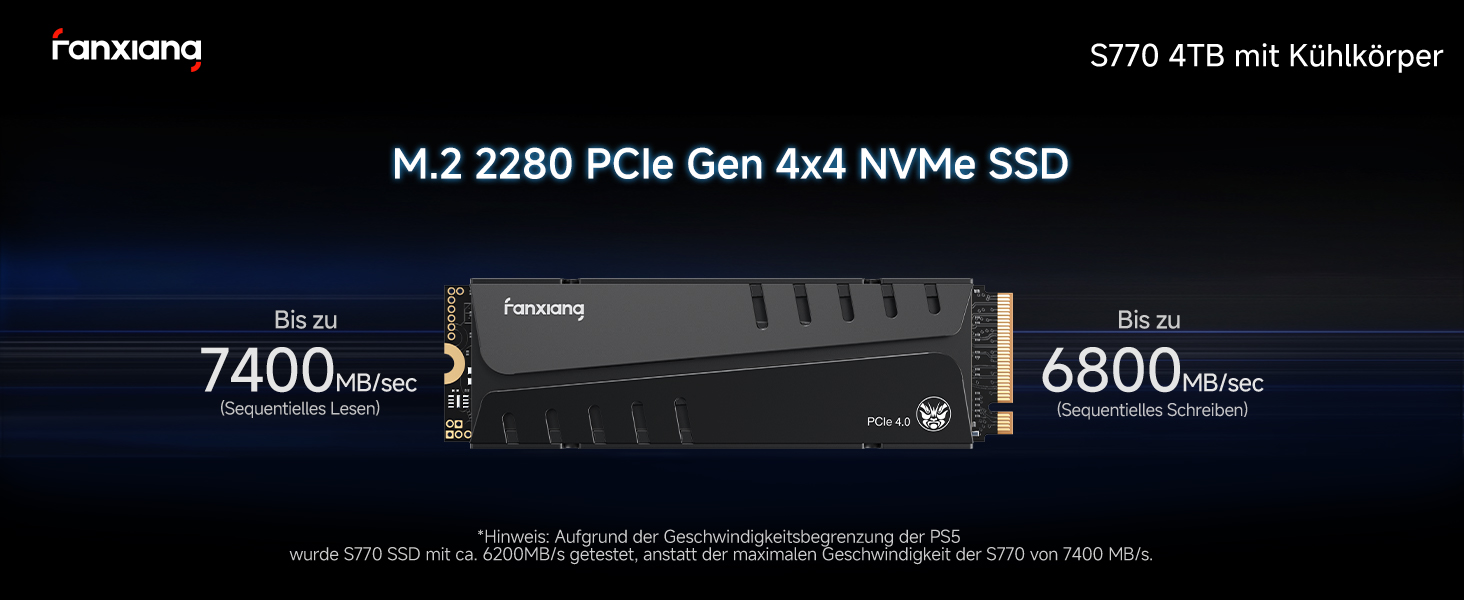 SSD накопичувач Fanxiang M2 2TB NVMe PCIe 4.0 з радіатором - 7400 МБ/с, 6800 МБ/с, для геймінгу та відеомонтажу