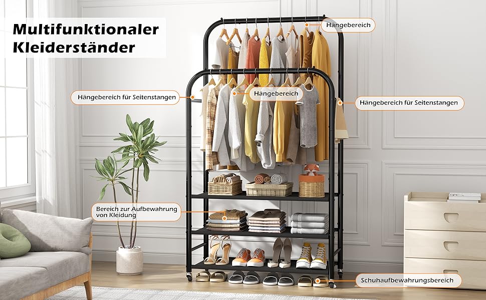 Вішалка для одягу HOMIDEC з 3 полицями, подвійна штанга на колесах, металевий каркас, чорна. Макс. навантаження 80 кг