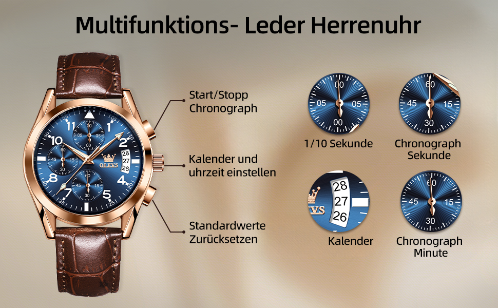 Годинник чоловічий OLEVS Vintage з шкіряним ремінцем, великий циферблат, водонепроникні, аналогові годинники з датою (2878, блакитний циферблат/коричневий ремінець)